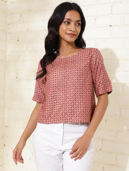 Fabindia - Women Red Printed Round Neck Short Sleeves Top