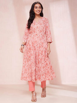 Fabindia - Women Peach Three-Quarter Sleeves Kurta