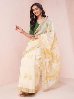 Fabindia - Women Off White Silk Cotton Block Print Saree without Blouse