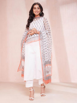 Fabindia - Women White Printed Cotton Silk Dupatta
