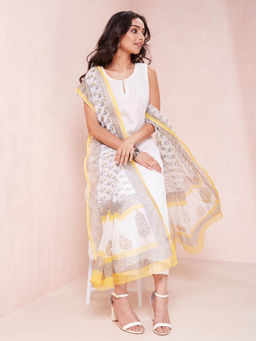 Fabindia - Women White Printed Cotton Silk Dupatta