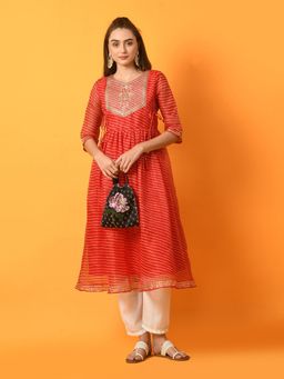MYSHKA - Women Red Embroidered Leheriya Anarkali Kurta
