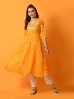 MYSHKA - Women Yellow Embroidered Leheriya Anarkali Kurta