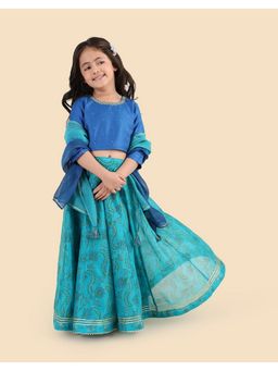 Fabindia - Blue Cotton Silk Hand Block Printed Choli with Lehenga and Dupatta