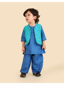 Fabindia - Blue Viscose Blend Hand Block Printed Kurta with Nehru Jacket and Pyjama