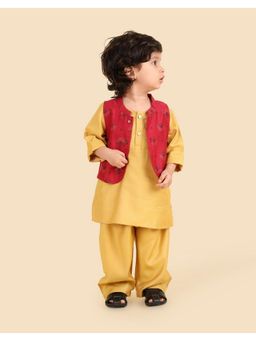 Fabindia - Yellow Viscose Blend Hand Block Printed Kurta with Nehru Jacket and Pyjama