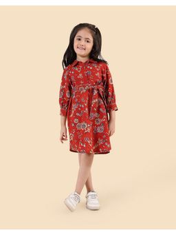 Fabindia - Red Cotton Dabu Printed Dress with Belt