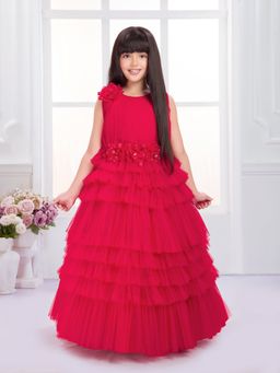 Tiny Kingdom - Pink Net Woven Sleeveless Floral Designed Gown