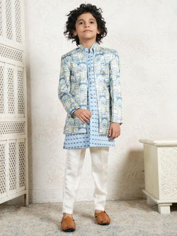AJ Dezines - Dark Blue Jacquard Full Sleeves Rich Floral Sherwani with Kurta and Pant