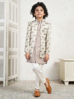 AJ Dezines - Brown Jacquard Full Sleeves Rich Elephant Sherwani with Kurta and Pant