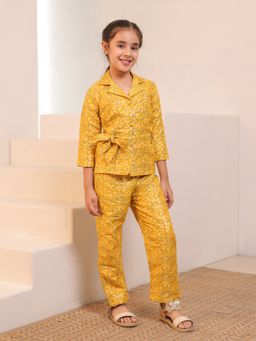 AJ Dezines - Yellow Brocade Floral Print Girls Co-Ord Set