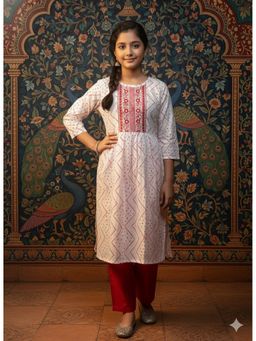 Aarika - White Embroidery Bandhani Cotton Blend Kurta