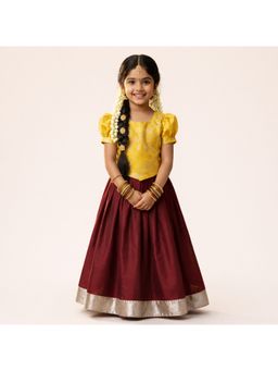 The Magic Wand - Yellow Jacquard Foil Printed and Pattu Pavadai Lehenga with Choli