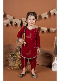 Titrit - Red Velvet Embroidered Kurti with Dhoti