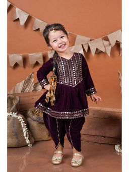 Titrit - Wine Velvet Embroidered Kurti with Dhoti