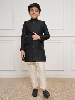 Vastramay - Boys Black Jacquard Silk Blend Sherwani with Kurta and Pyjama