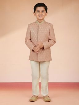 Vastramay - Peach Rayon Embroidered Sherwani with Pant
