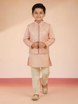 Vastramay - Pink Silk Blend Mirror Work Nehru Jacket with Kurta and Pyjama