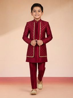 Vastramay - Maroon Silk Blend Embroidered Sherwani with Pant
