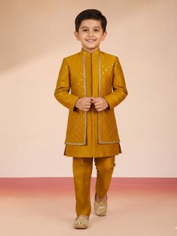 Vastramay - Mustard Silk Blend Embroidered Sherwani with Pant