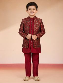 Vastramay - Maroon Viscose Jacquard Sherwani with Kurta and Pant