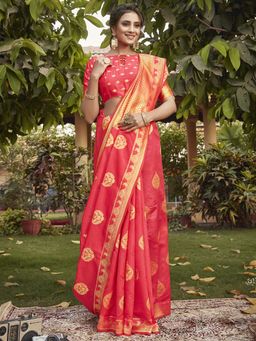 Akhilam - Womens Silk Blend Red Woven Design Designer Saree with Unstitched Blouse