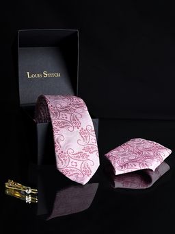 Louis Stitch - Mens Pink Silk Necktie Accessory Gift Set