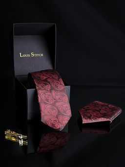 Louis Stitch - Mens Burgundy Silk Necktie Accessory Gift Set