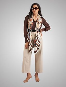 The Tie Hub - White With Brown Sailing Ship Schooner Printed Women Scarf