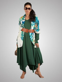 The Tie Hub - White With Green Animals Printed Women Scarf