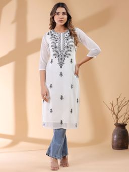 Janasya - Womens White Georgette Embroidered Straight Kurta