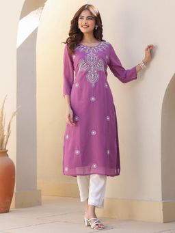 Janasya - Womens Lavender Georgette Embroidered Straight Kurta