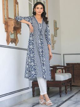 Janasya - Womens Navy Blue Pure Cotton Yoke Floral Embroidery A-Line Kurta