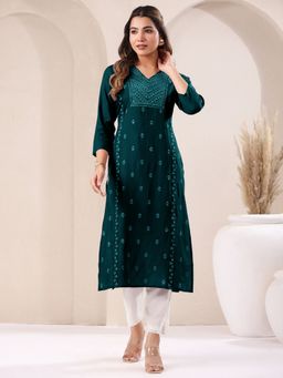 Janasya - Womens Dark Green Rayon Embroidered Straight Kurta
