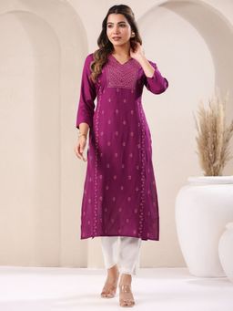 Janasya - Womens Purple Rayon Embroidered Straight Kurta