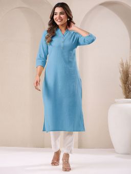 Janasya - Womens Light Blue Cotton Solid Straight Kurta