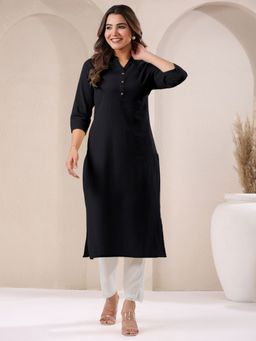 Janasya - Womens Black Cotton Solid Straight Kurta