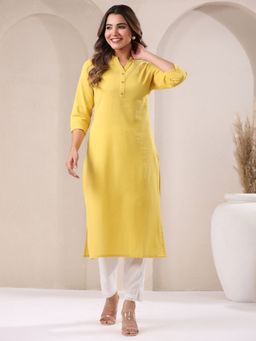 Janasya - Womens Yellow Cotton Solid Straight Kurta
