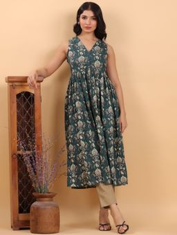 Janasya - Womens Dark Green Pure Cotton Floral Printed A-Line Kurta