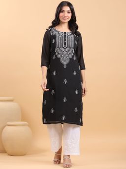 Janasya - Womens Black Georgette Embroidered Straight Kurta