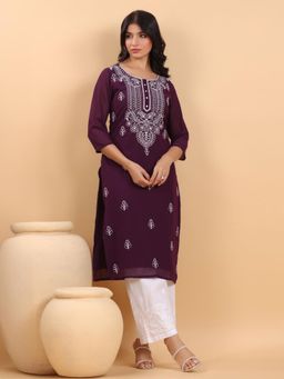 Janasya - Womens Purple Georgette Embroidered Straight Kurta