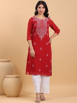 Janasya - Womens Red Georgette Embroidered Straight Kurta