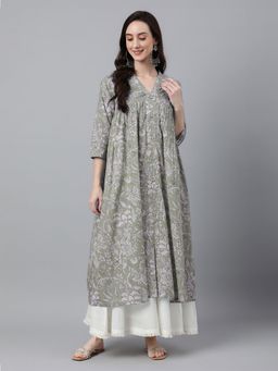 Janasya - Womens Light Green Pure Cotton Floral Printed Flared Kurta