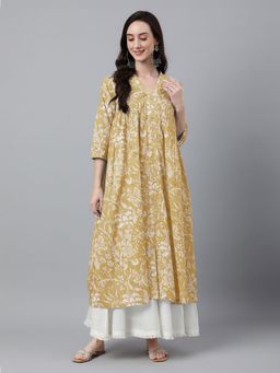Janasya - Womens Mustard Pure Cotton Floral Printed Flared Kurta