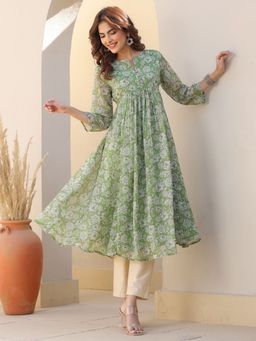 Janasya - Womens Green Chiffon Lurex Floral Printed Flared Kurta