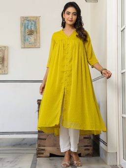 Janasya - Womens Mustard Chiffon Self Design Front Slit Kurta