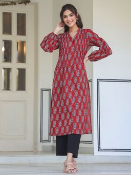 Janasya - Womens Red Pure Cotton Floral Print Flared Kurta