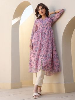 Janasya - Womens Pink Chiffon Lurex Floral Printed Flared Kurta