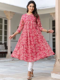 Janasya - Womens Dark Pink Chiffon Lurex Floral Printed Flared Kurta