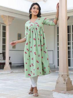 Janasya - Womens Sage Green Pure Cotton Floral Print Flared Kurta